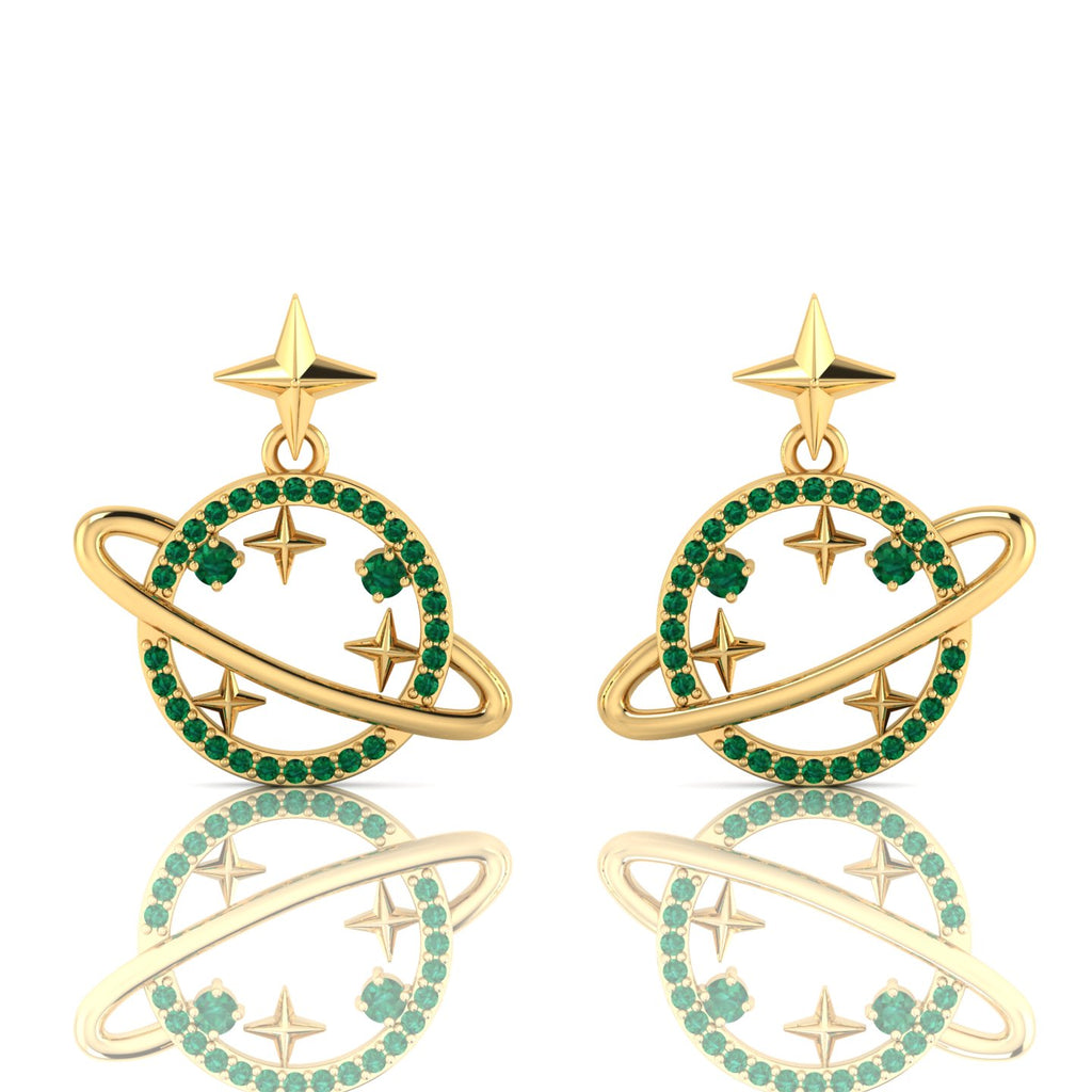 Emerald Gold Plated Star Saturn Planet Earrings