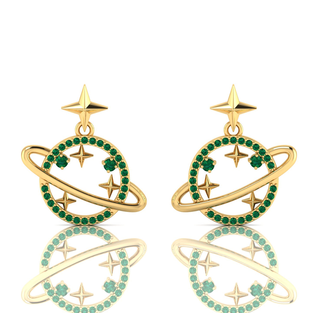 Emerald Gold Plated Star Saturn Planet Earrings