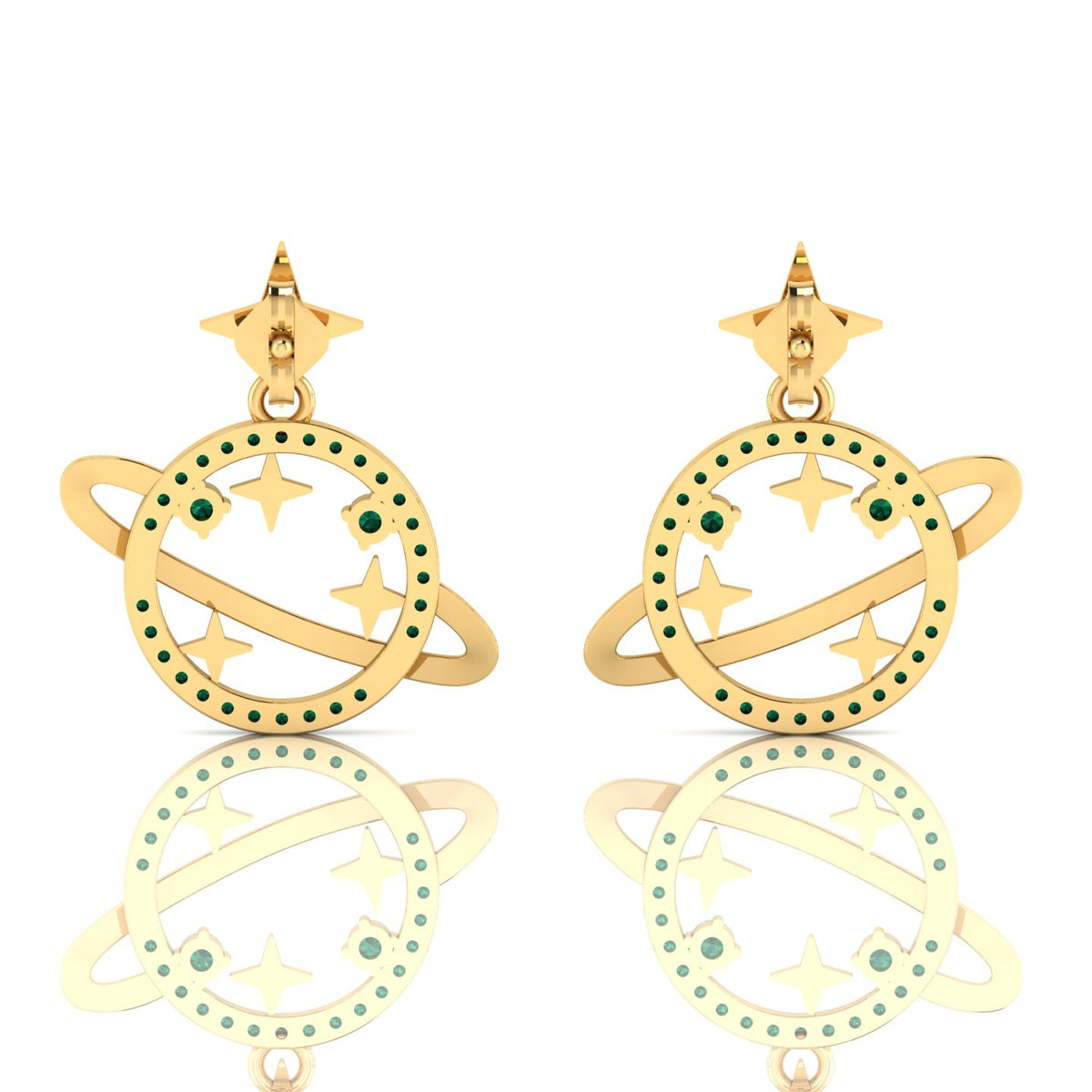 Emerald Gold Plated Star Saturn Planet Earrings