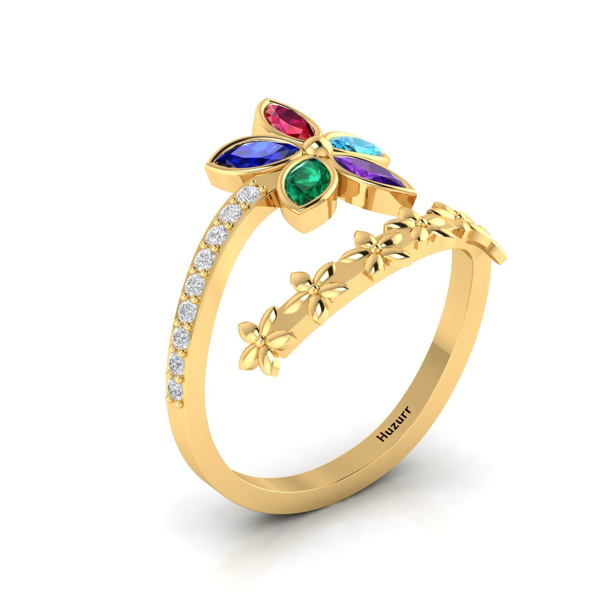Multicolor Stone Floral Cocktail Adjustable Gold Plated Two Tone Ring