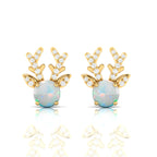 Round Opal Gold Plated Deer Antlers Stud Earrings