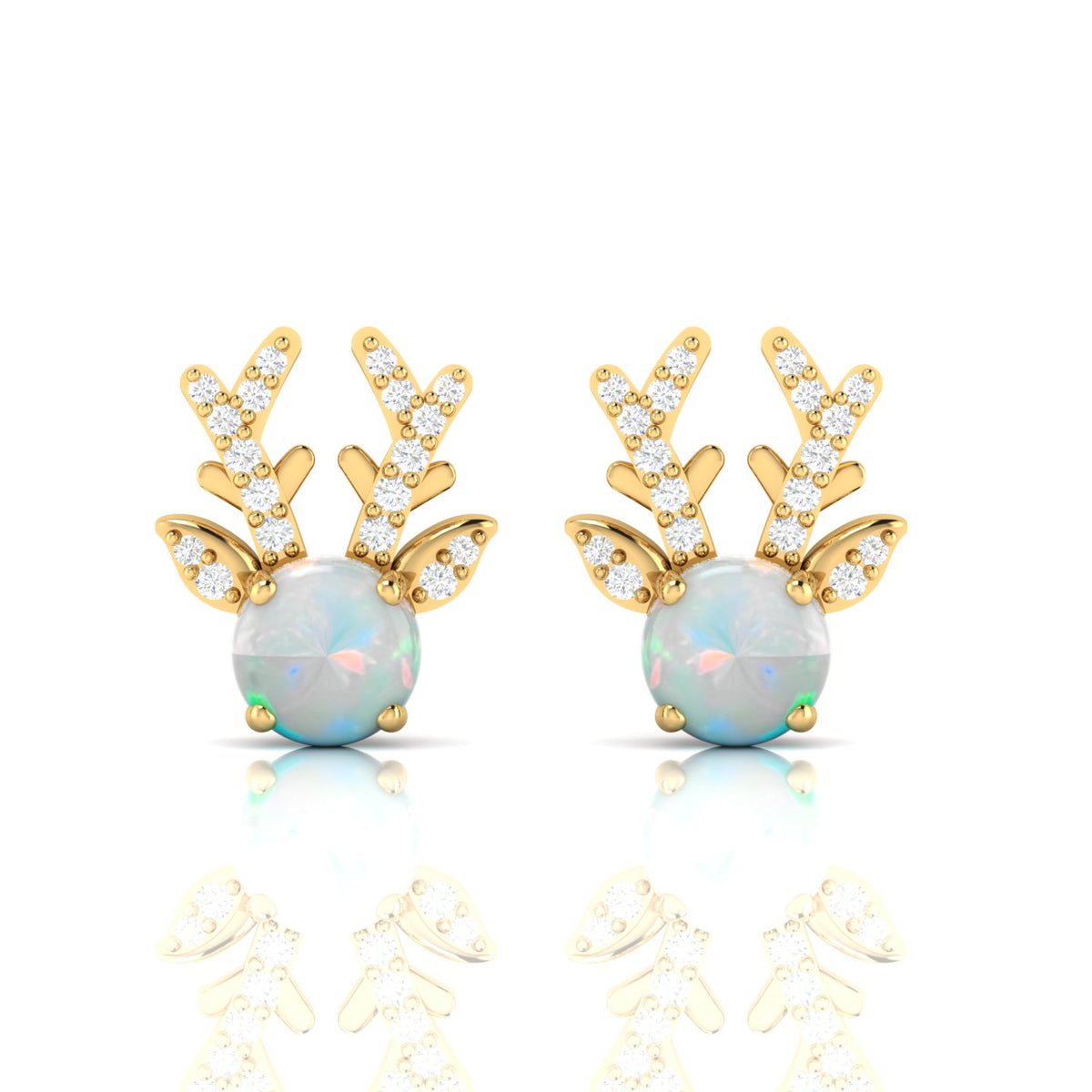 Round Opal Gold Plated Deer Antlers Stud Earrings