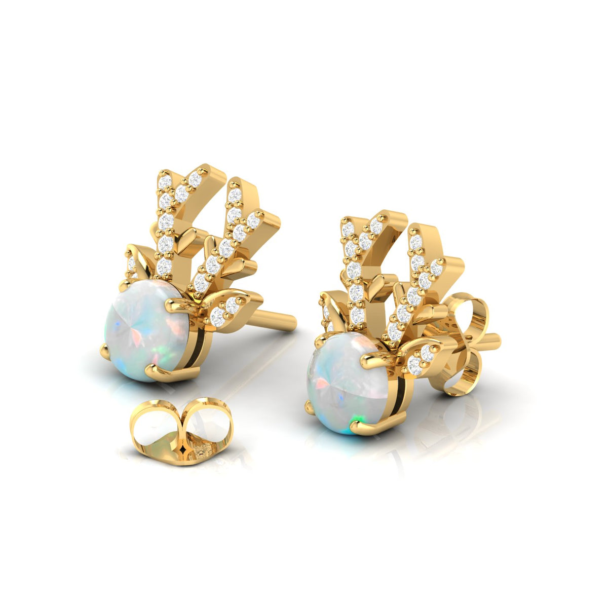 Round Opal Gold Plated Deer Antlers Stud Earrings
