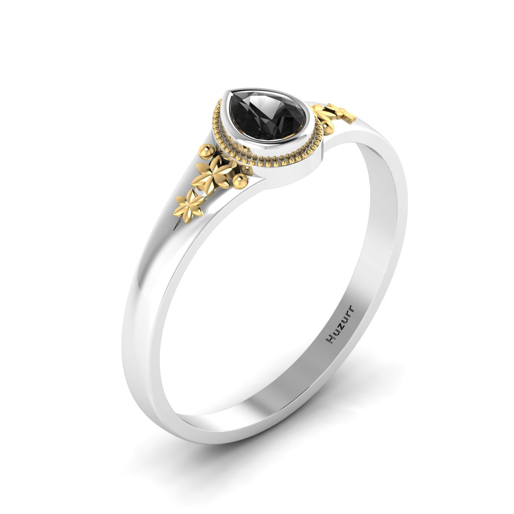 Tear Drop Style Black Diamond Flower Two Tone Gold Plated Solitaire Ring