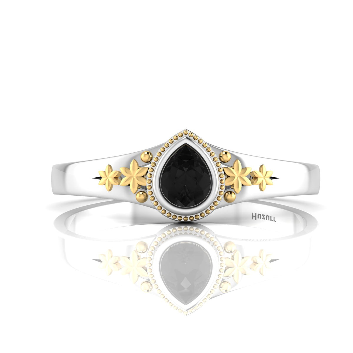 Tear Drop Style Black Diamond Flower Two Tone Gold Plated Solitaire Ring