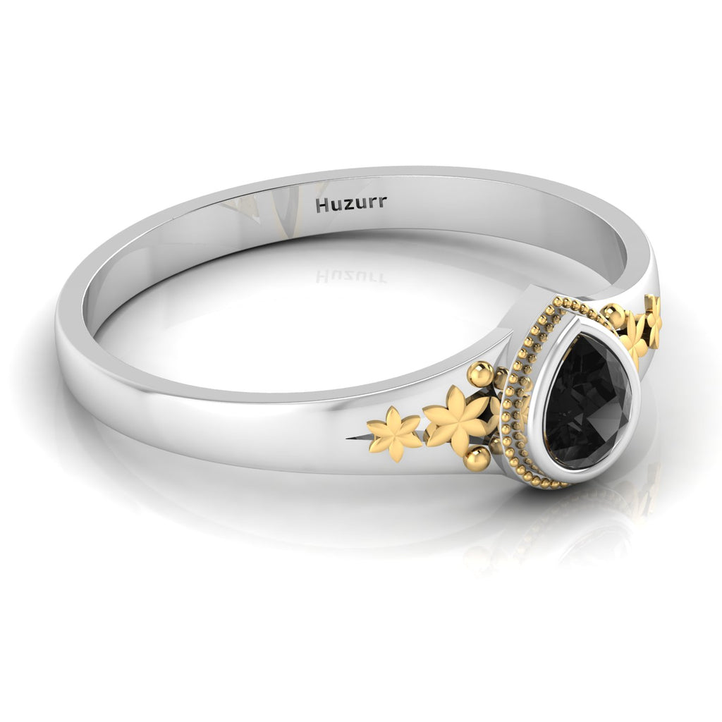 Tear Drop Style Black Diamond Flower Two Tone Gold Plated Solitaire Ring