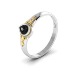 Tear Drop Style Black Diamond Flower Two Tone Gold Plated Solitaire Ring