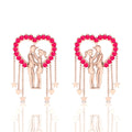 Couple Heart Hanging Rose Gold Plated Ruby Earrings