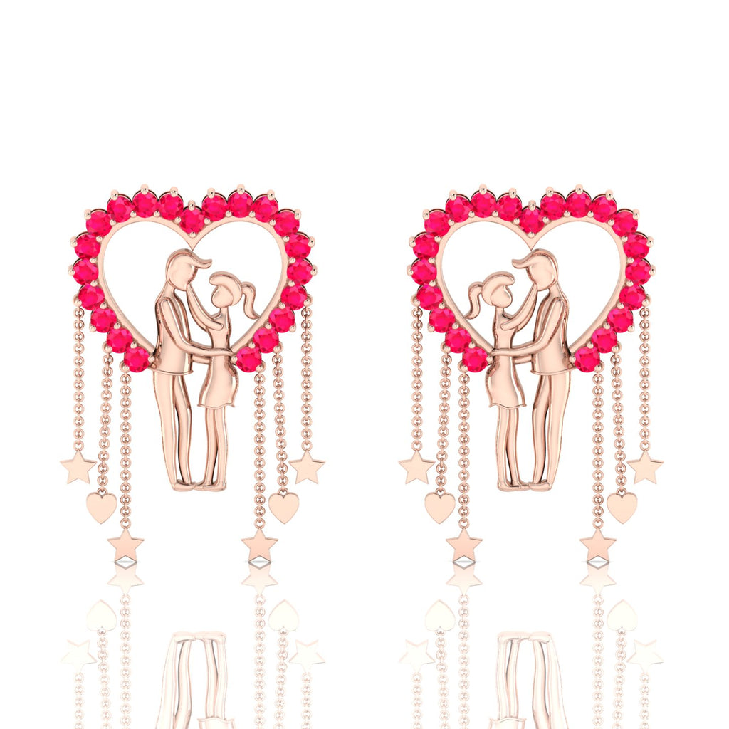 Couple Heart Hanging Rose Gold Plated Ruby Earrings