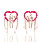 Couple Heart Hanging Rose Gold Plated Ruby Earrings