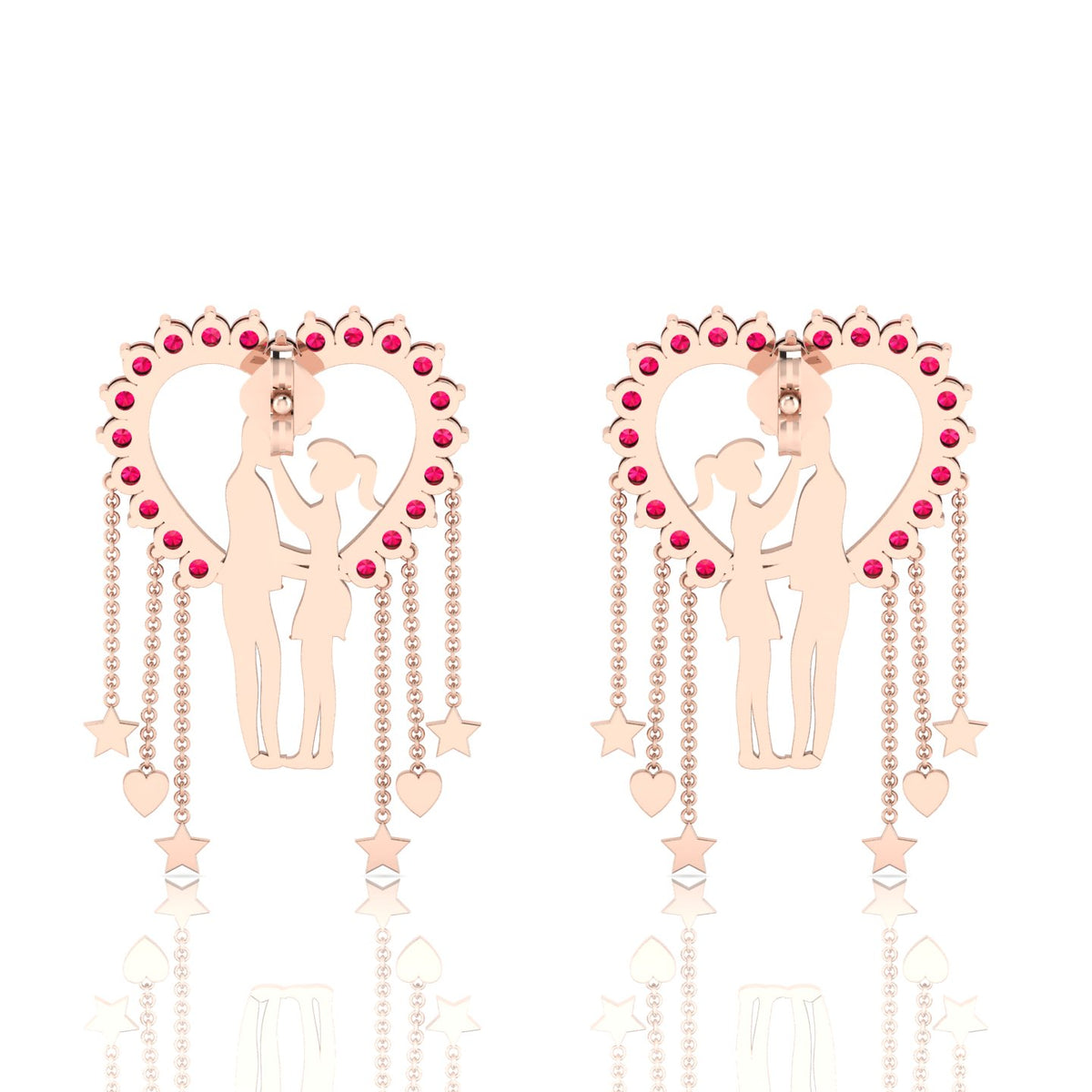Couple Heart Hanging Rose Gold Plated Ruby Earrings