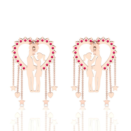 Couple Heart Hanging Rose Gold Plated Ruby Earrings