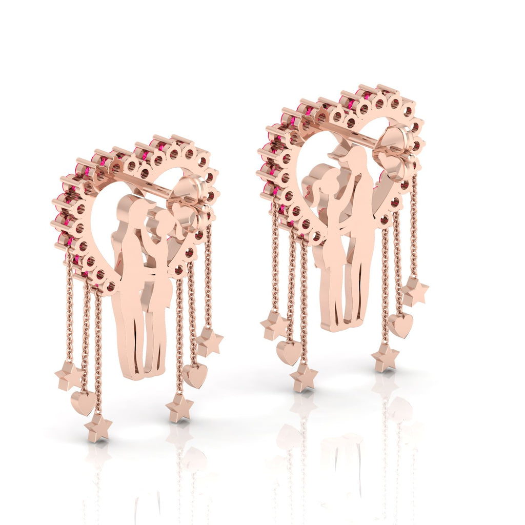 Couple Heart Hanging Rose Gold Plated Ruby Earrings