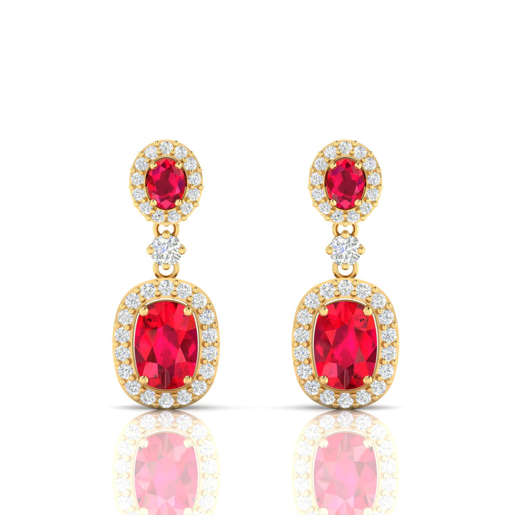 Ruby Dangle Gold Plated Earrings with Diamond Halo