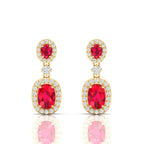 Ruby Dangle Gold Plated Earrings with Diamond Halo