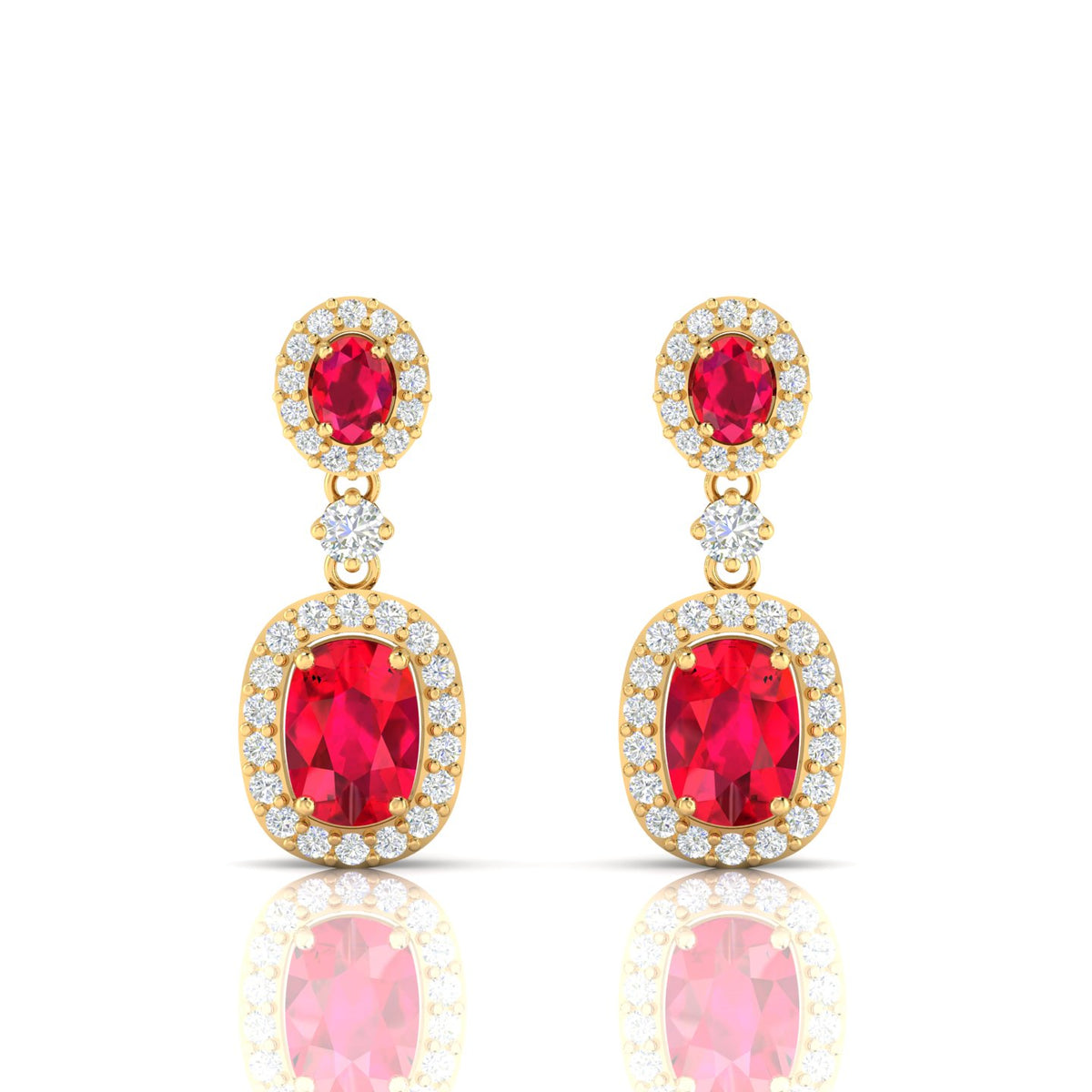 Ruby Dangle Gold Plated Earrings with Diamond Halo