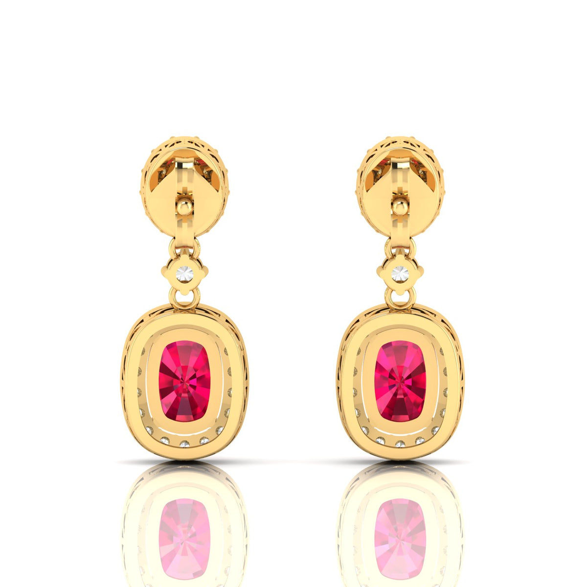 Ruby Dangle Gold Plated Earrings with Diamond Halo