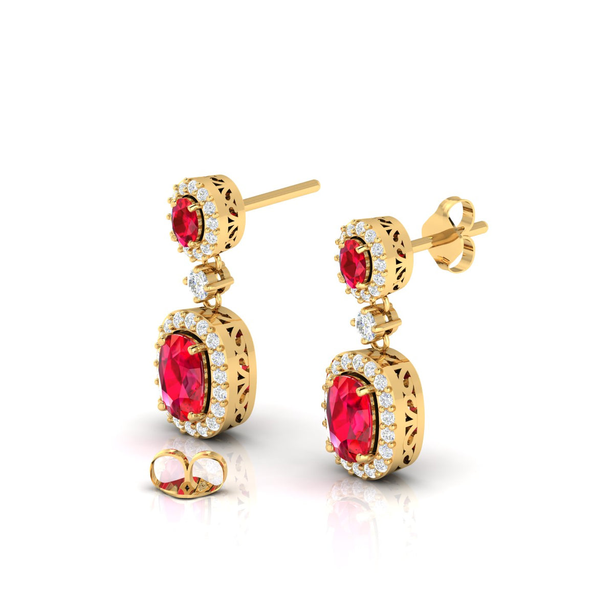 Ruby Dangle Gold Plated Earrings with Diamond Halo