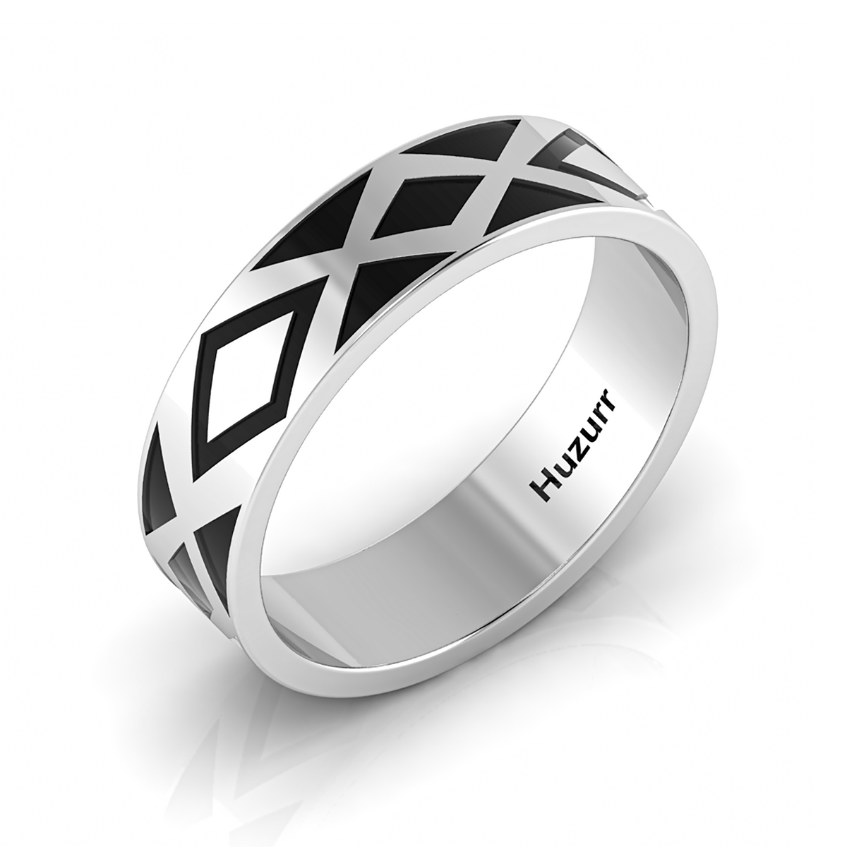 Black Enamel Zigzag-Design Silver Band Ring