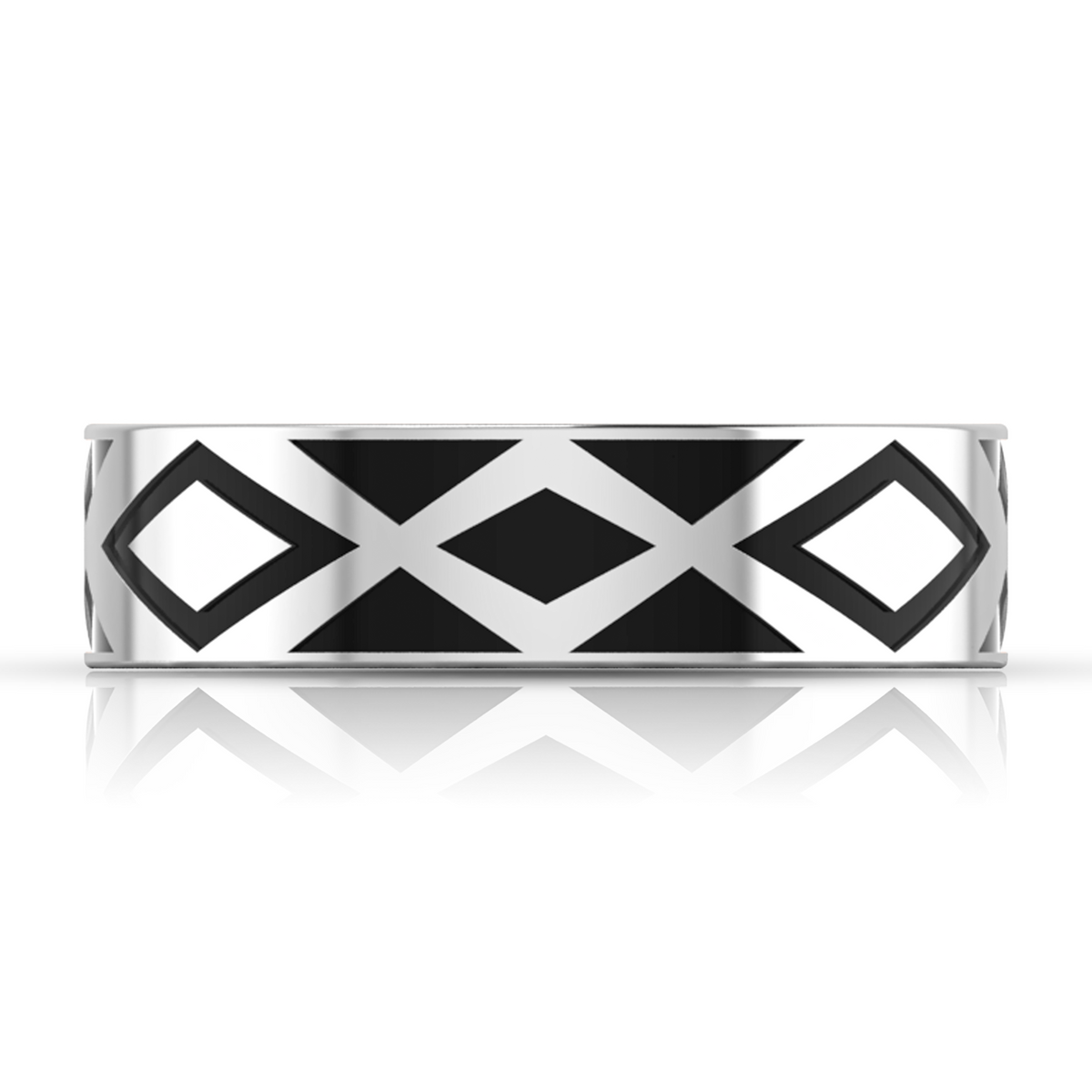 Black Enamel Zigzag-Design Silver Band Ring