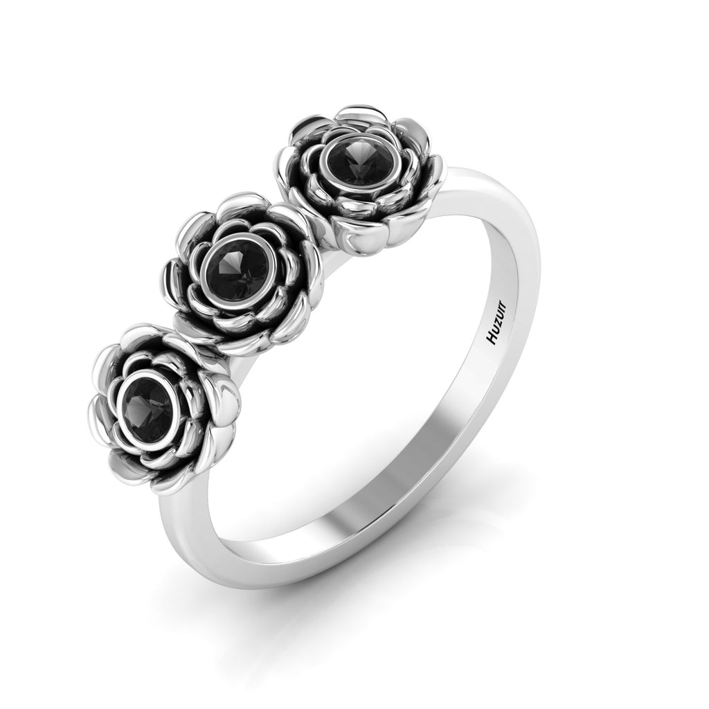 Black Diamond Rose Flower Sterling Silver Ring