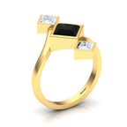 Princess-Cut  Black & White Diamond Gold Plated Three Stone Ring