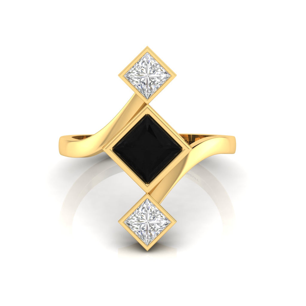 Princess-Cut  Black & White Diamond Gold Plated Three Stone Ring