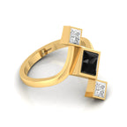 Princess-Cut  Black & White Diamond Gold Plated Three Stone Ring