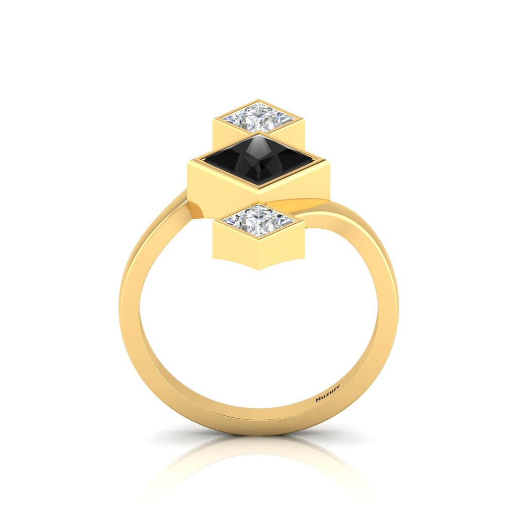 Princess-Cut  Black & White Diamond Gold Plated Three Stone Ring