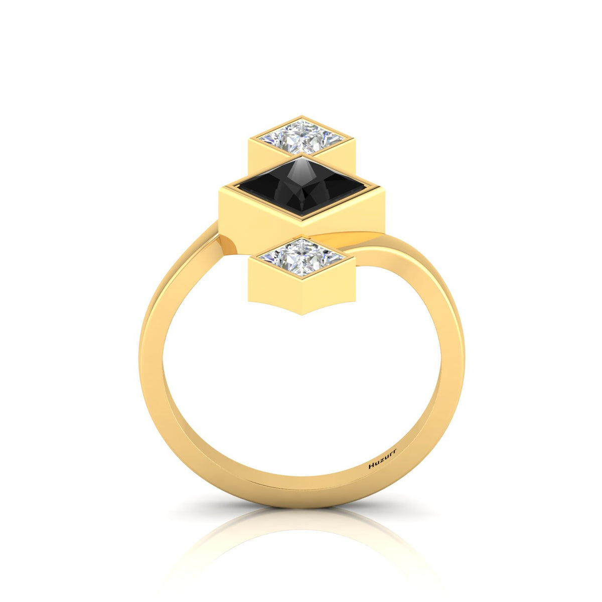 Princess-Cut  Black & White Diamond Gold Plated Three Stone Ring