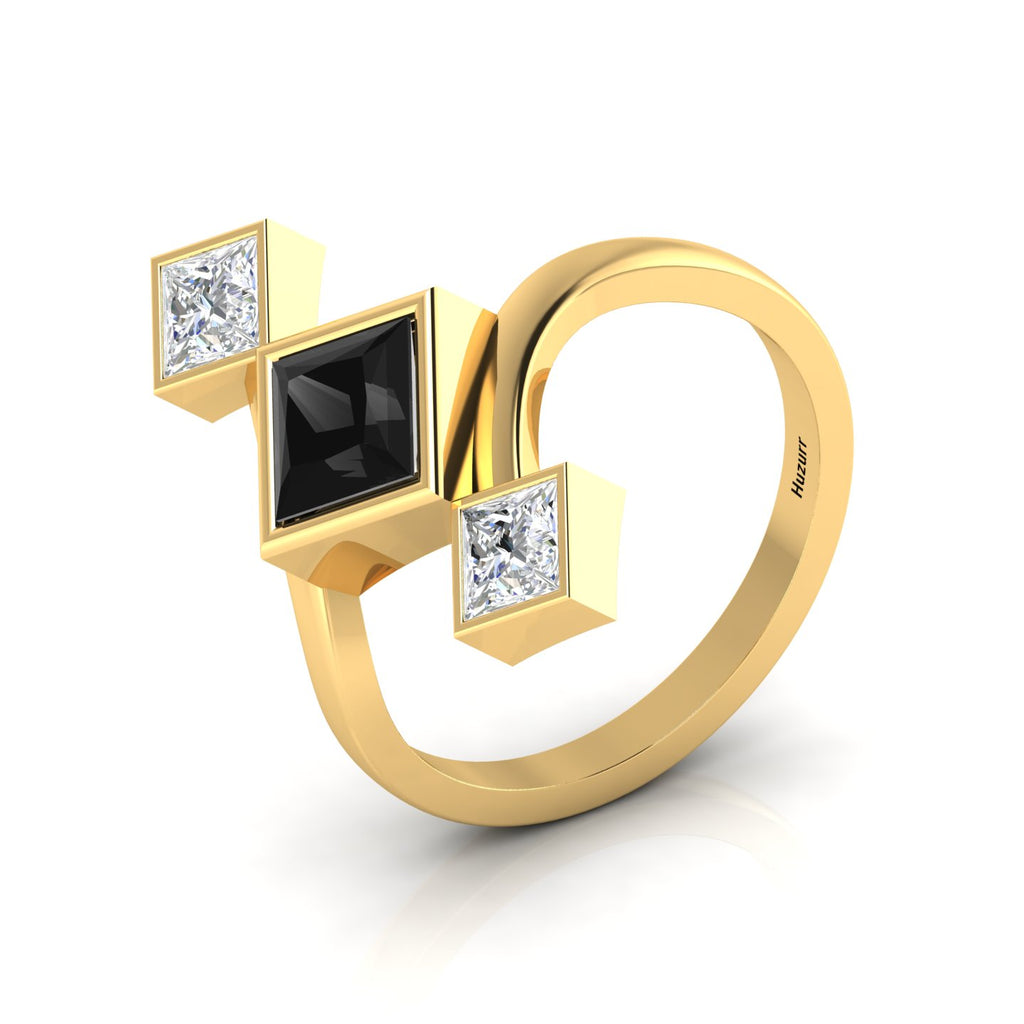 Princess-Cut  Black & White Diamond Gold Plated Three Stone Ring