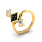 Princess-Cut  Black & White Diamond Gold Plated Three Stone Ring