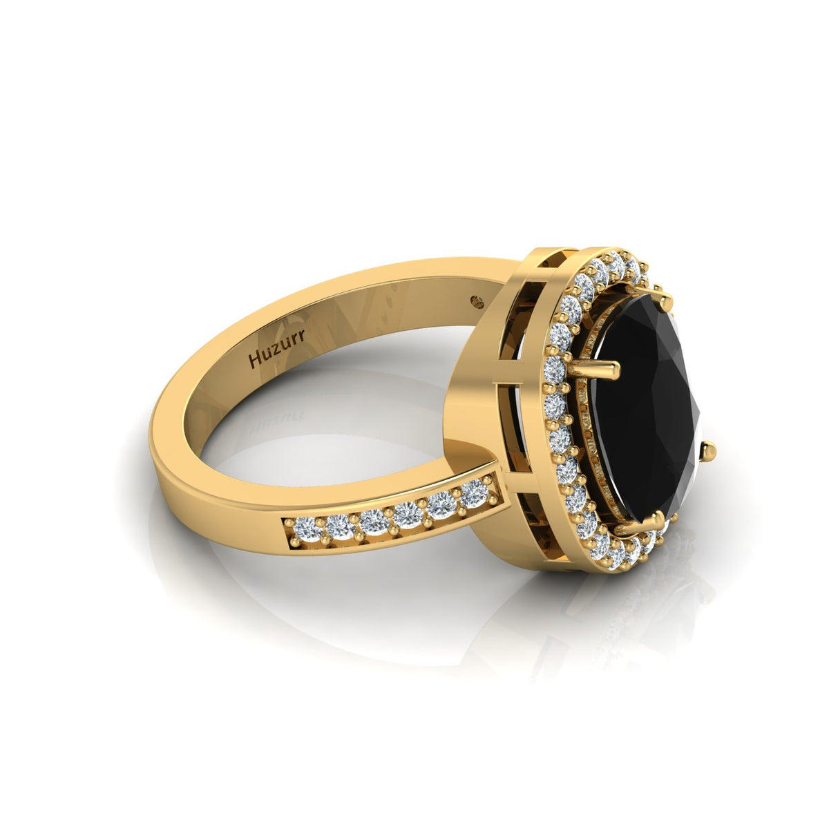 Gold Plated Cushion-Cut Black Diamond Eternity Halo Ring