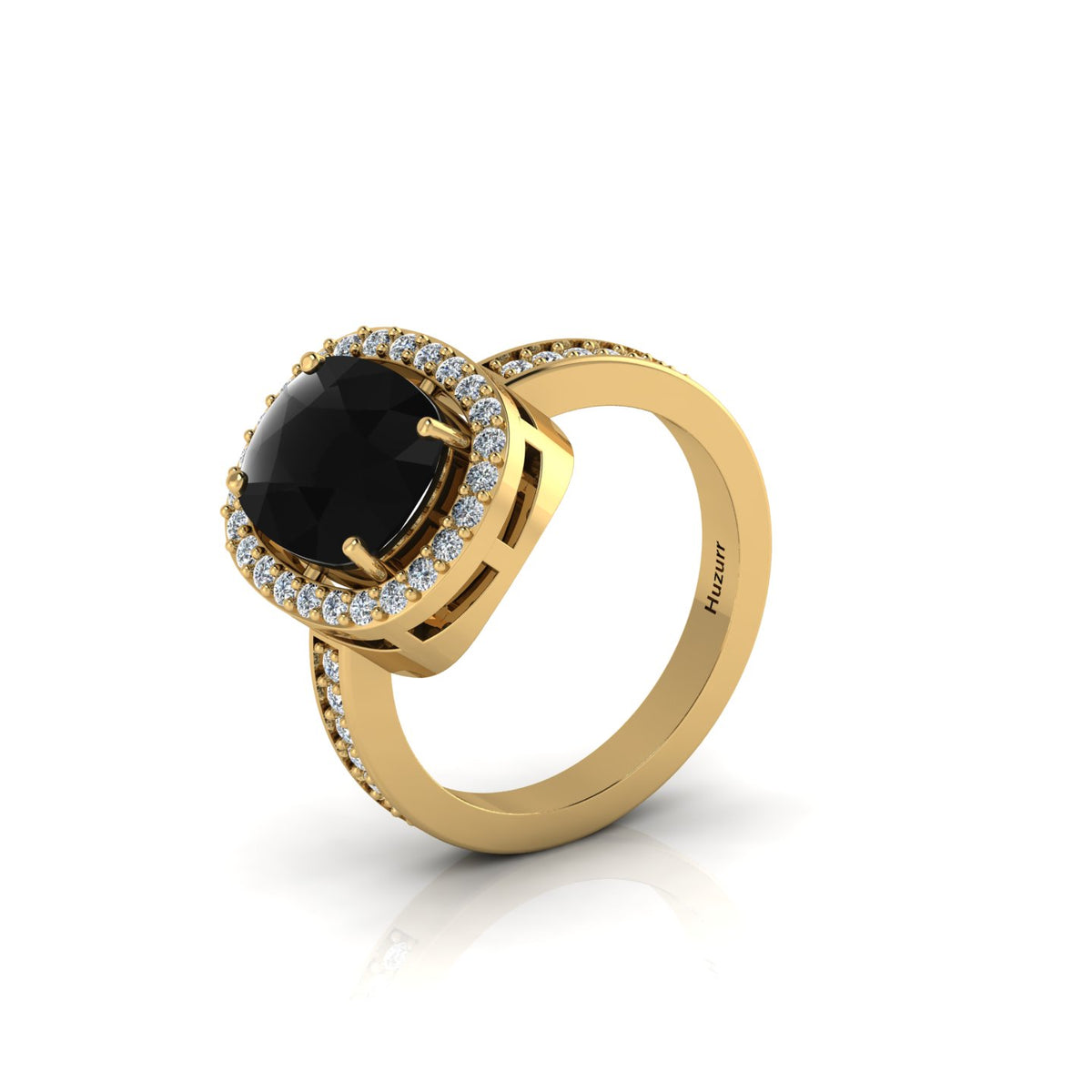 Gold Plated Cushion-Cut Black Diamond Eternity Halo Ring