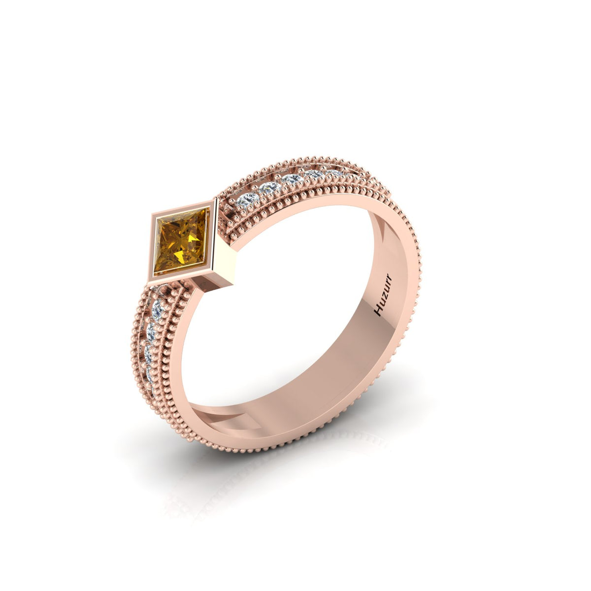Princess Cut Coffee Diamond Rose Gold Plated Milgrain Solitaire Ring