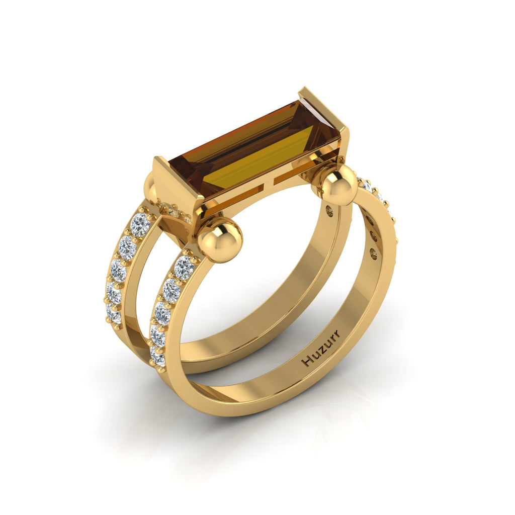 Parallel Split Baguette-Cut Coffee Diamond Solitaire Gold Plated Ring