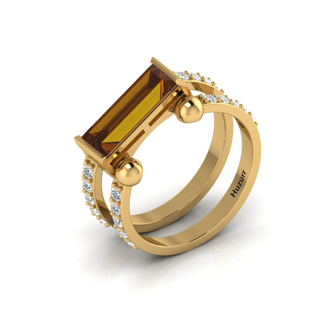 Parallel Split Baguette-Cut Coffee Diamond Solitaire Gold Plated Ring