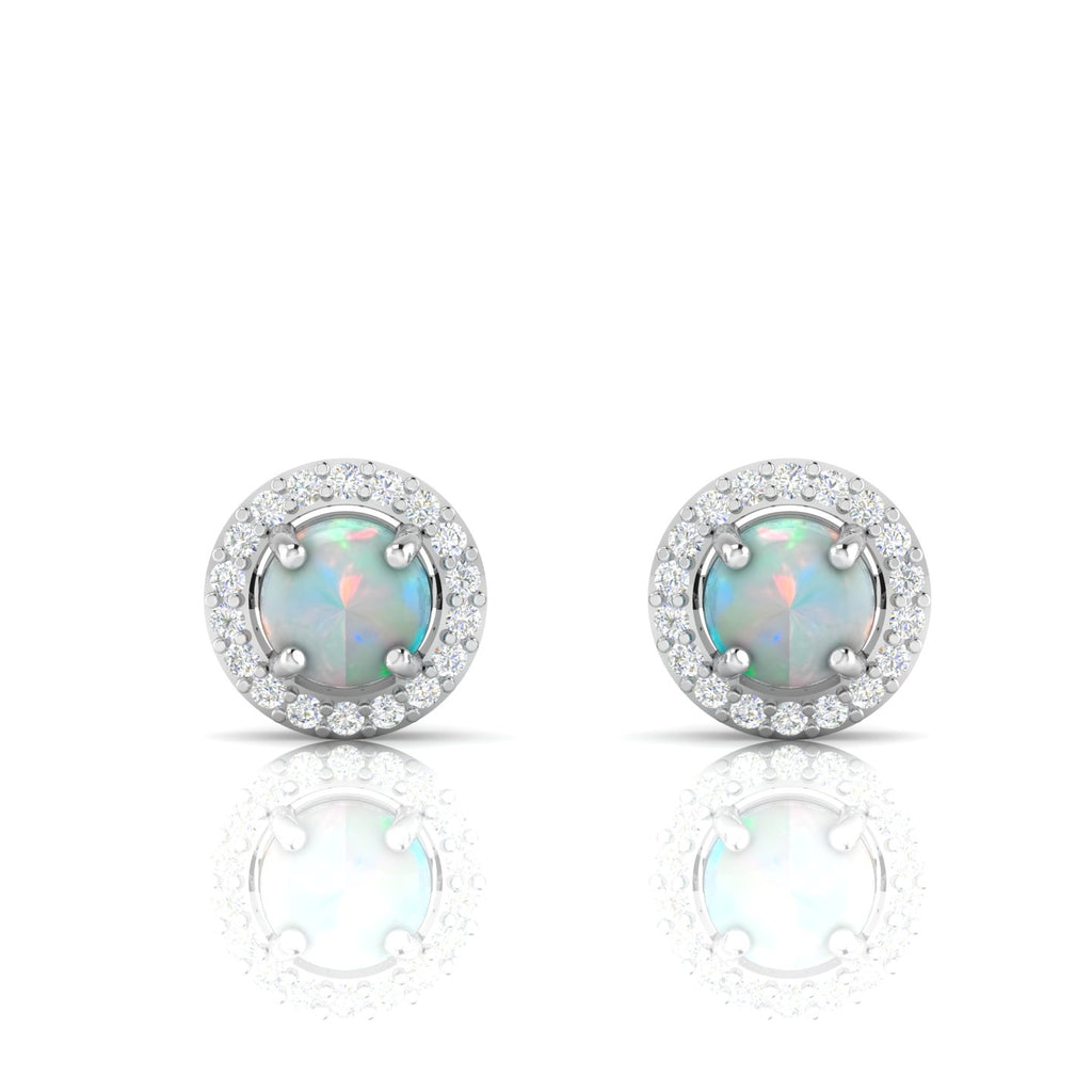 Opal & Diamond Round Halo Stud Sterling Silver Earrings