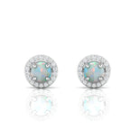 Opal & Diamond Round Halo Stud Sterling Silver Earrings