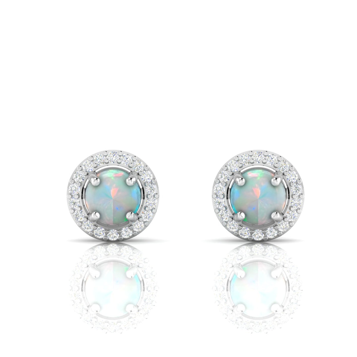 Opal & Diamond Round Halo Stud Sterling Silver Earrings