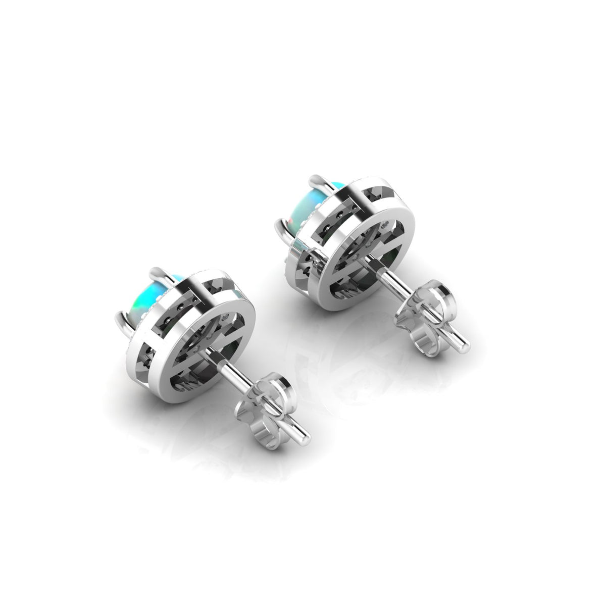 Opal & Diamond Round Halo Stud Sterling Silver Earrings