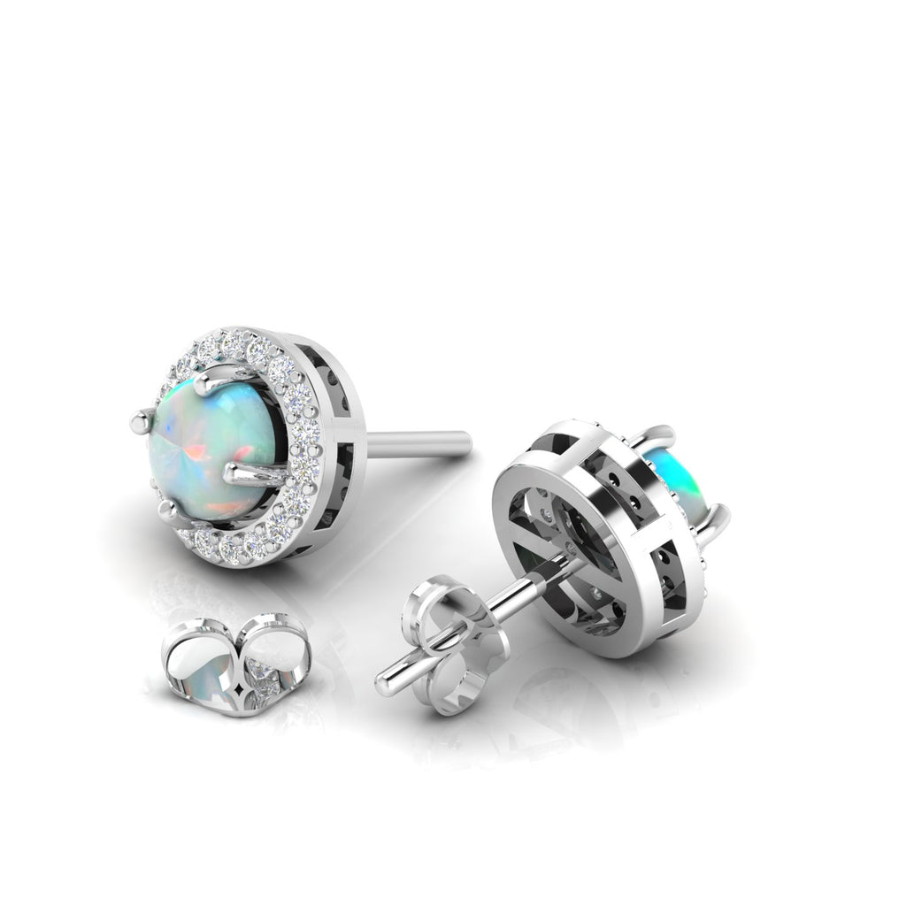 Opal & Diamond Round Halo Stud Sterling Silver Earrings