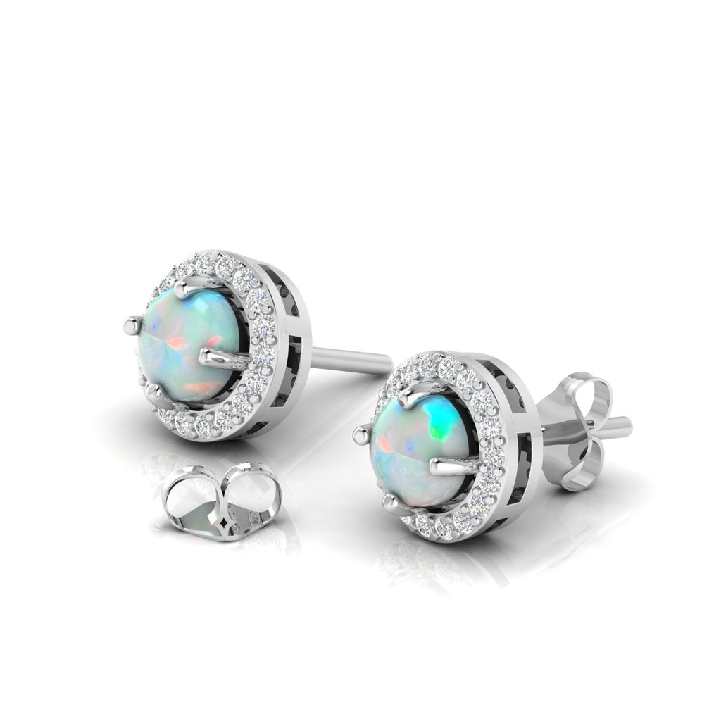 Opal & Diamond Round Halo Stud Sterling Silver Earrings