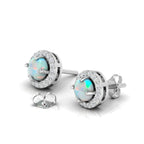 Opal & Diamond Round Halo Stud Sterling Silver Earrings