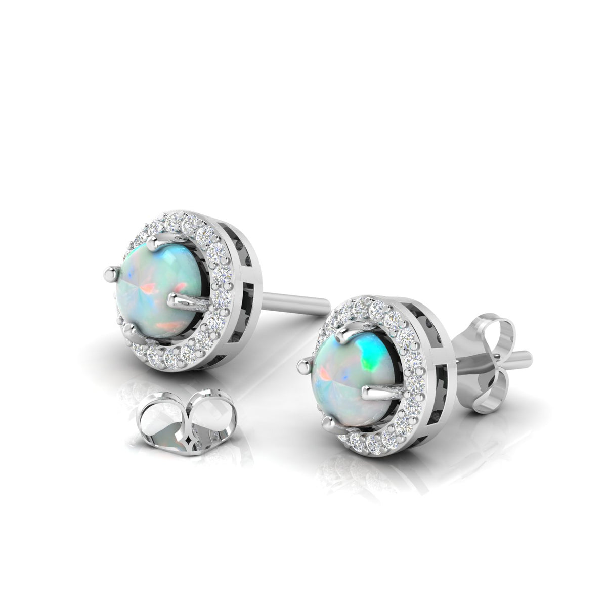 Opal & Diamond Round Halo Stud Sterling Silver Earrings