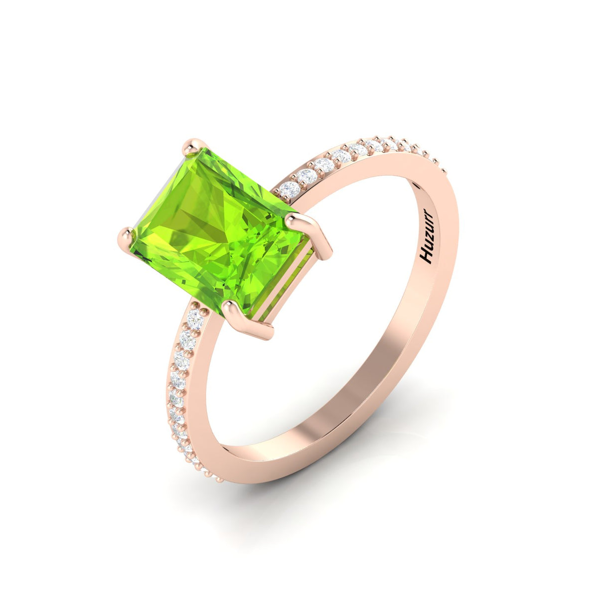 Radiant-Cut Peridot And Diamond Rose Gold Plated Solitaire Ring