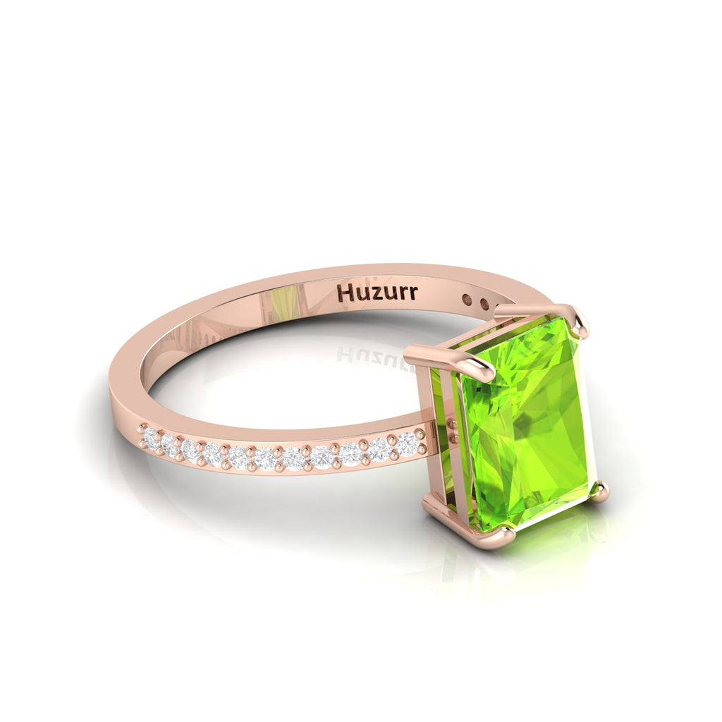 Radiant-Cut Peridot And Diamond Rose Gold Plated Solitaire Ring