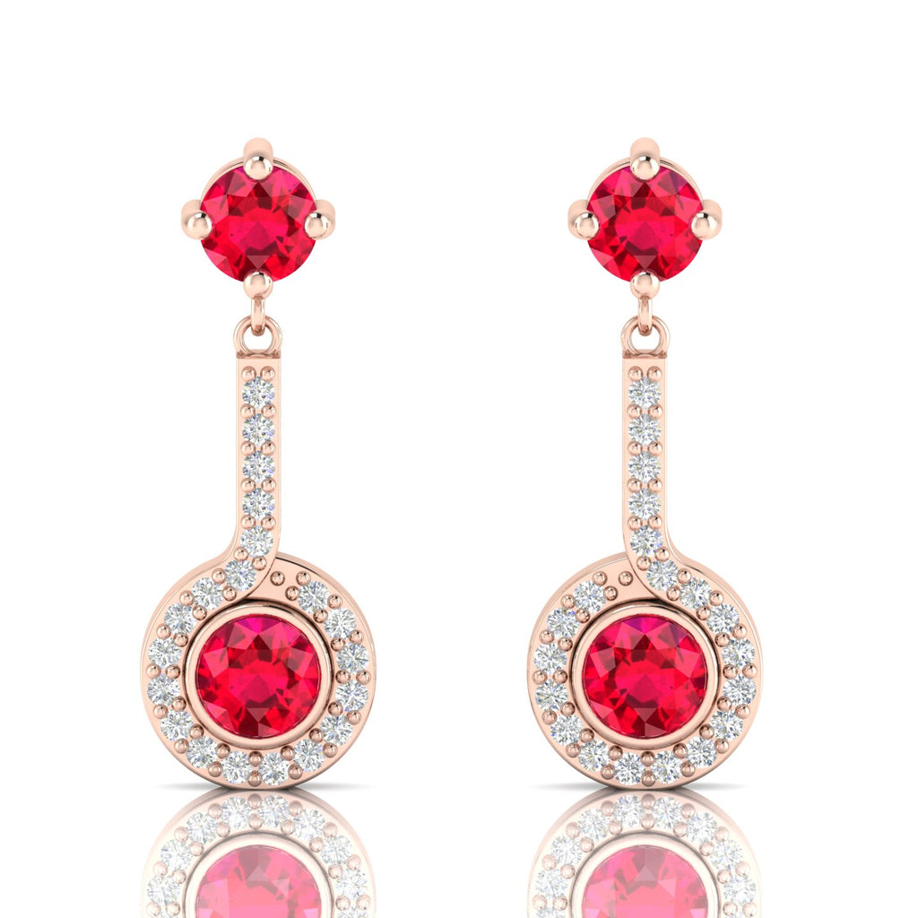 Round Ruby Rose Gold Plated Halo Dangle & Drop Earrings