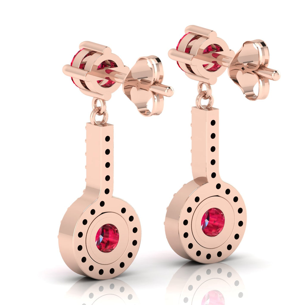 Round Ruby Rose Gold Plated Halo Dangle & Drop Earrings