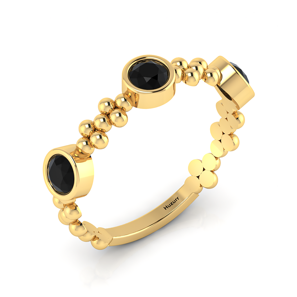 Round Black Diamond 3 Stone Stackable Gold Plated Solitaire Ring